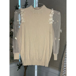 Ontwelfth Beige Mock Neck Sweater with Sheer Floral Sleeves, Women’s  Medium